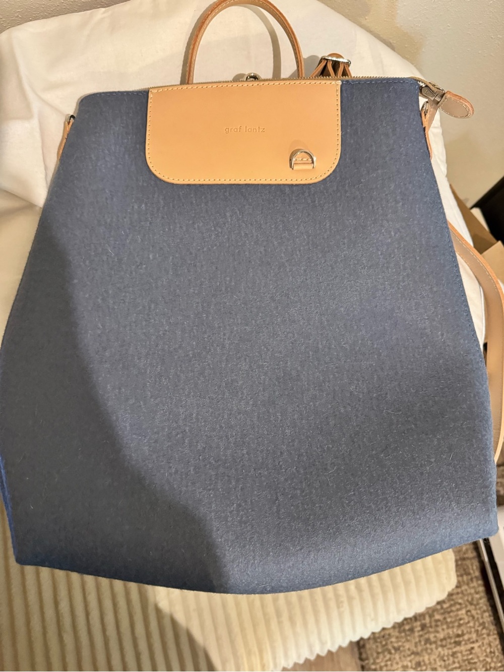 Graf Lantz Bedford Merino Wool Backpack Leather-Trim denim blue color - new